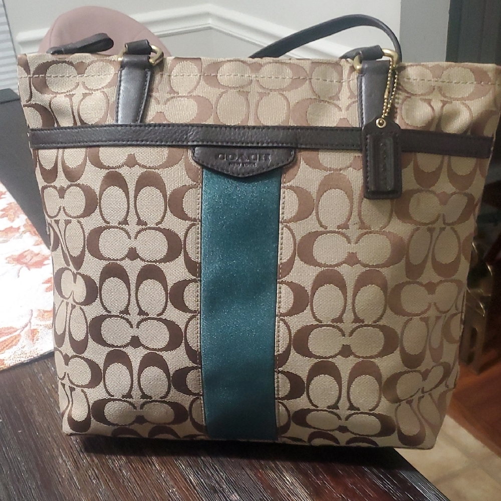 Coach Signature Tote with Brown and Teal Accents